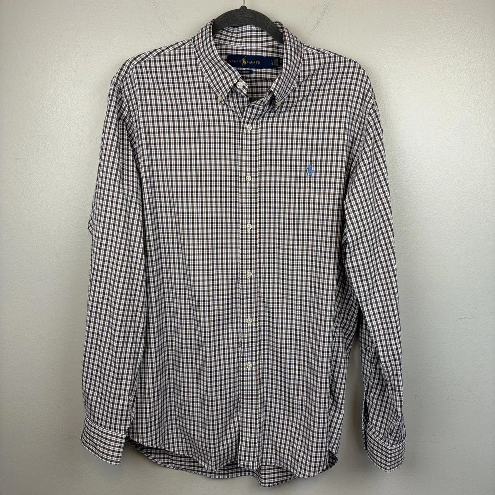Ralph Lauren Shirt‎ Mens Large Brown Check Stretch Button Down Long Sleeve